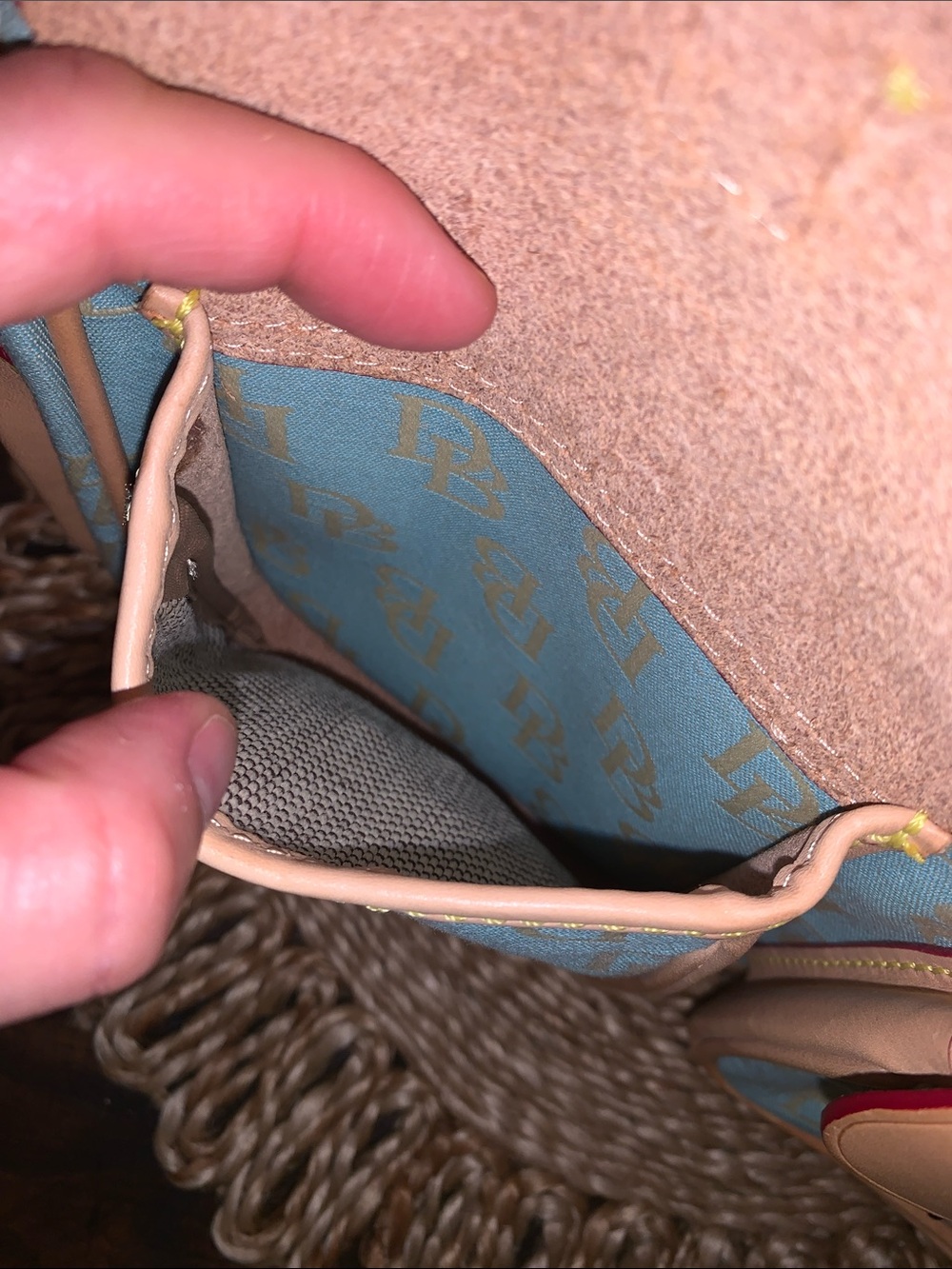 Dooney & Bourke Light Blue Logo Canvas Shoulder Bag with Tan Leather Trim - Picture 12 of 13